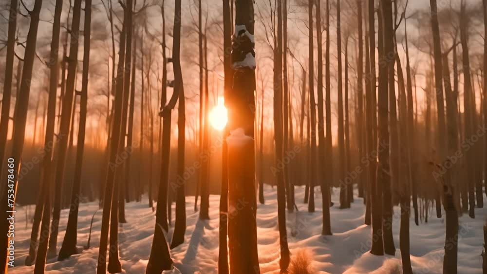 Aufkleber sun shining through trees in snow generative ai