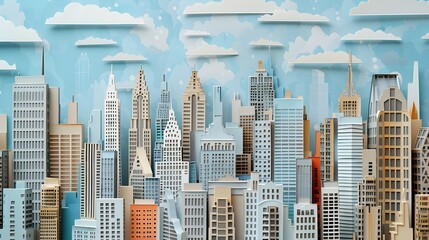 Paper Cut Out City Icons with Skyscrapers and Clouds, To provide a unique and intricate 3D paper cut out cityscape for use as a striking design