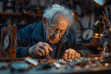 An elderly ccarved a tropy  at work in a workshop - obrazy, fototapety, plakaty