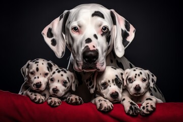 mother dog with her cubs, a litter of puppies. Dolmatian mother and brood.