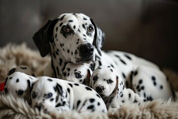 mother dog with her cubs, a litter of puppies. Dolmatian mother and brood.