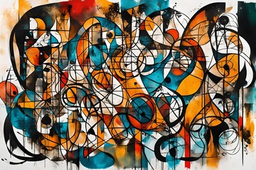 Geometric abstract shape dancing rhythm people street graffiti. Art wall paint drawing oil ink design. Graphic Art