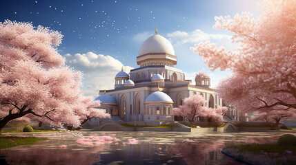 whispers of spring 3d visualization of mosque - obrazy, fototapety, plakaty
