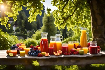 Austria, Salzburg, Fruits and juices in garden