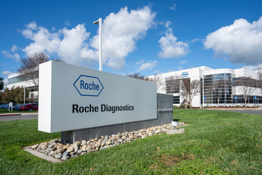 Pleasanton, CA, USA - Feb 21, 2024: The headquarters campus of Roche Molecular Diagnostics (RMD) in Pleasanton, California. F. Hoffmann-La Roche AG is a Swiss multinational pharmaceutical company.