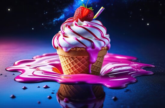 An ice cream sundae melting into a puddle that reflects the night sky. vibrant colors