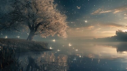 A tranquil scene near a lake, with mist and ethereal creatures all around, features a tree with silvery leaves reflecting in the still water. - obrazy, fototapety, plakaty
