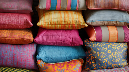 Stack of vibrant, textured pillows.