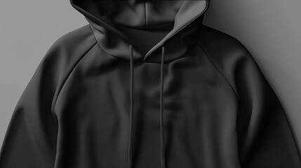 An extreme zoom of a mockup of a blank black hoodie, a sports-themed hoodie, and a black hoodie on a gray background. Created with Generative AI.