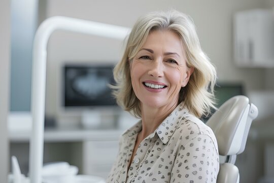 50 years old woman with white teeth smiling in nice clothes on a dental clinic light background. generative AI