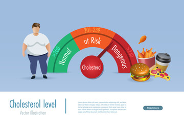 Cholesterol level scale in normal, in risk and dangerous with unhealthy foods. Medical and health care concept. Vector.