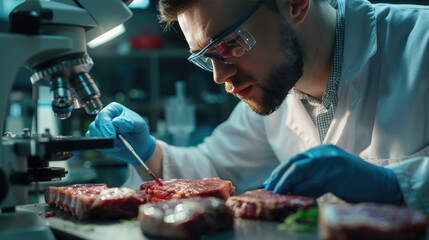 A laboratory assistant analyzes the biopsy using a microscope. Inspection of food samples