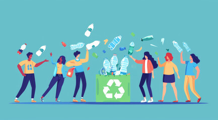 Illustration, recycle and volunteer throwing bottle in dustbin for environmental, awareness and sustainability concept. Plastic and blue background with copyspace for Earth Day, eco system or ecology