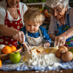 grands parents avec leur petit fils dans une cuisine qui font une tarte