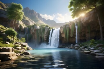 waterfall in the forest, A majestic waterfall cascading down into a serene pond, captured in stunning ultra HD quality.