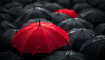 Red and black umbrellas, colorful protection from the rain, isolated objects against a dark background - obrazy, fototapety, plakaty