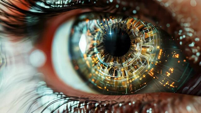 Closeup of an augmented human eye with virtual digital elements