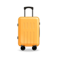 Yellow travel plastic suitcase with wheels. Realistic large polycarbonate travel traveler baggage luggage. 3d cartoon icon isolated on white
