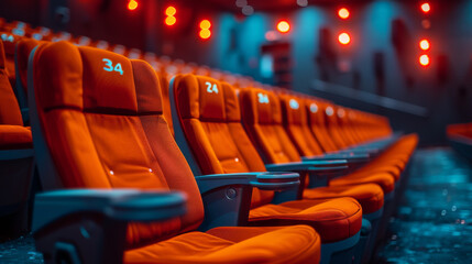Fototapeta premium Empty comfortable red seats with numbers in cinema.
