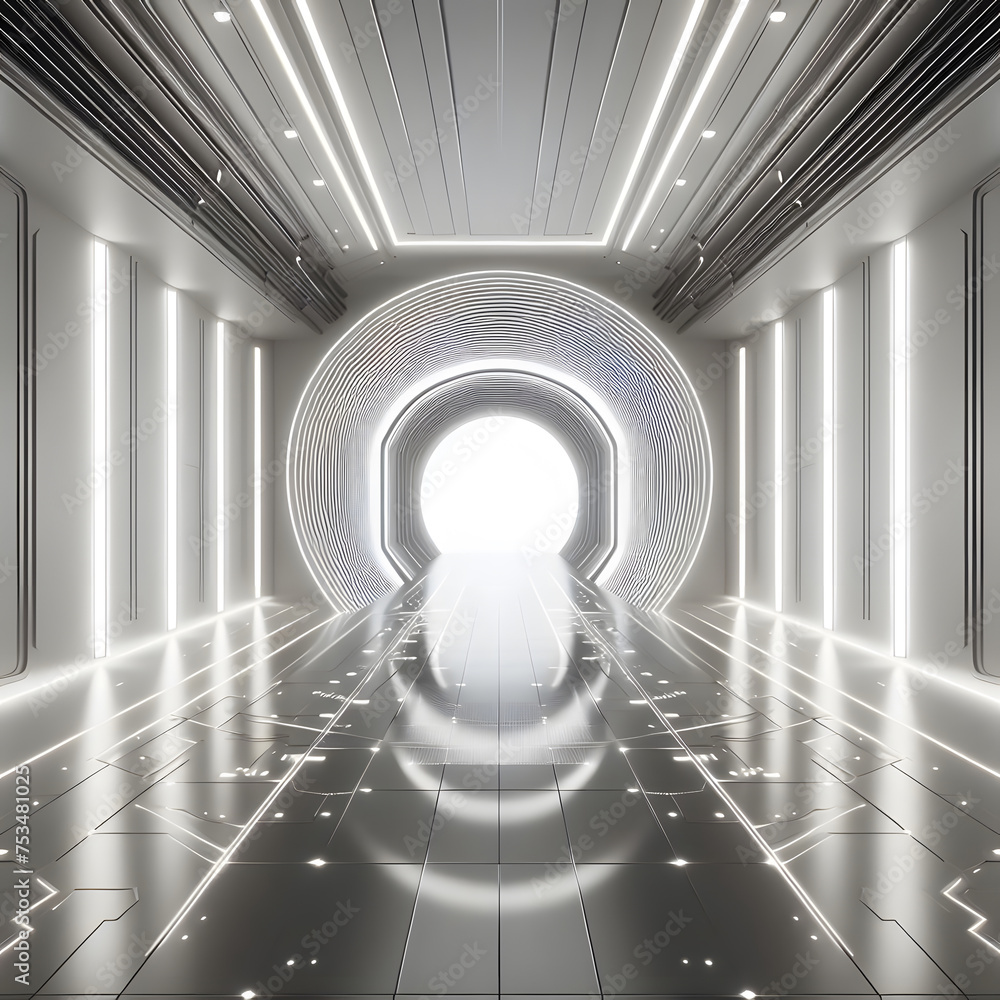 Poster futuristic corridor with circuit and light. 3d illustration generative ai
