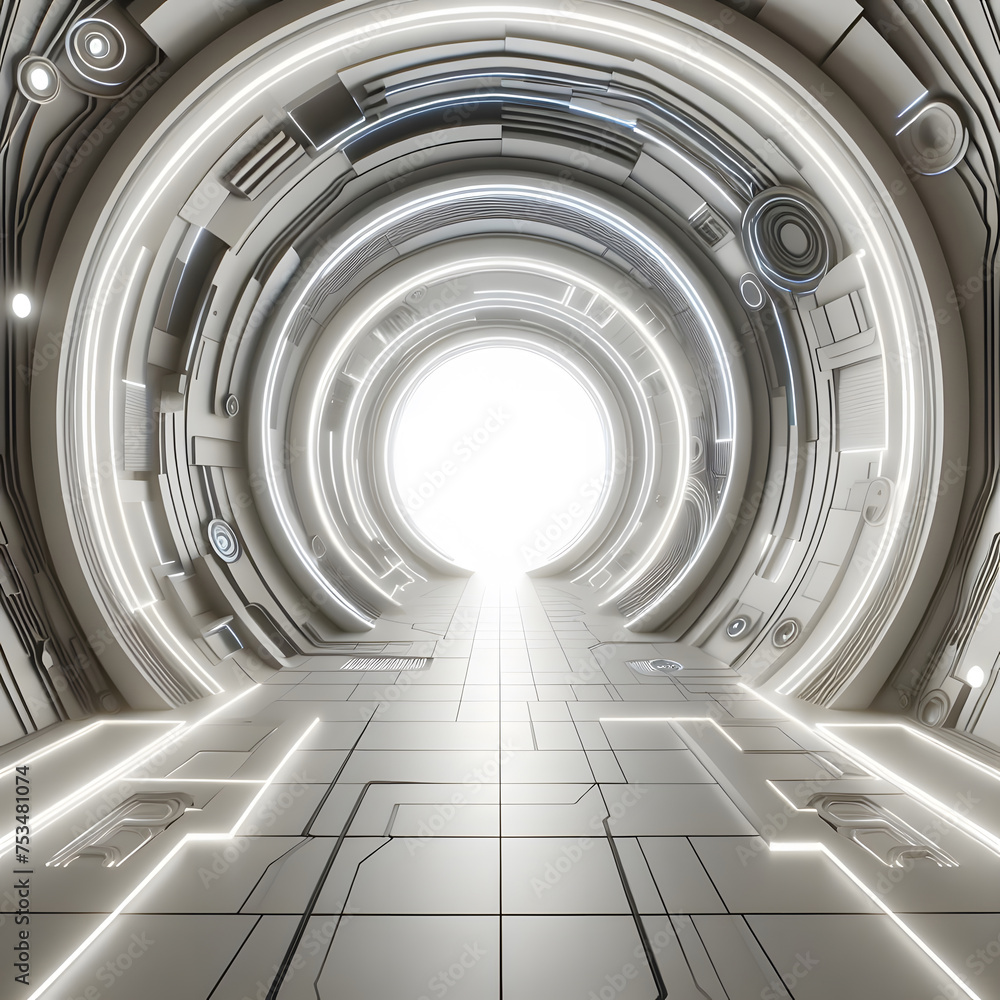Poster futuristic corridor with circuit and light. 3d illustration generative ai
