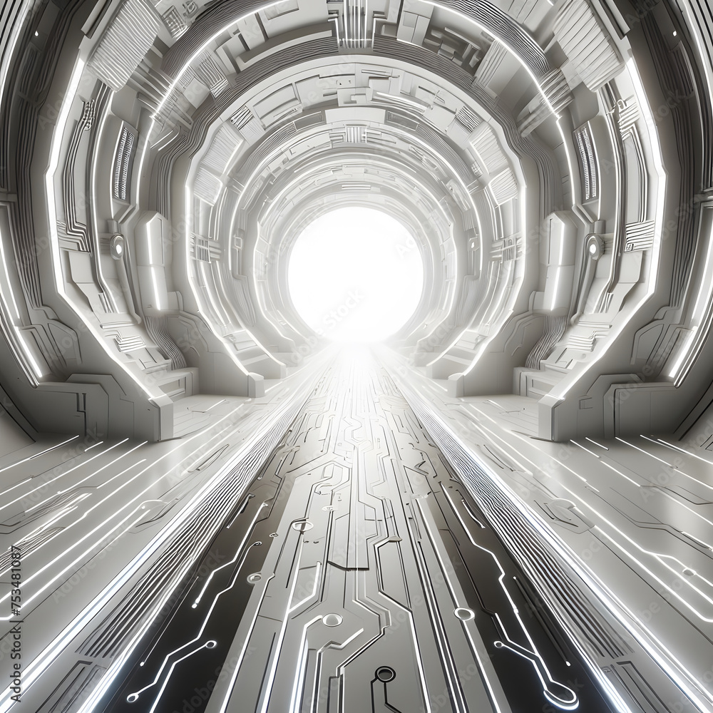 Poster futuristic corridor with circuit and light. 3d illustration generative ai