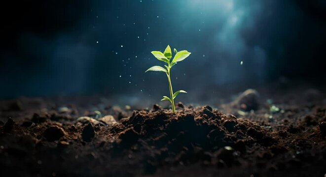 Sprout growing in soil, concept of new life with space above