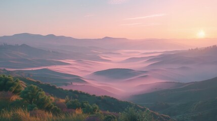 An image that perfectly captures the peaceful beauty of the early morning light: a scene of gently rolling hills at sunrise, with layers of fog deposited in the valleys between the hills.  - Powered by Adobe