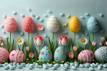 Colorful Set of Easter decorations and spring flowers, tulips in the shape of eggs