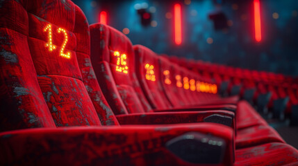 Empty comfortable red seats with numbers in cinema. - obrazy, fototapety, plakaty