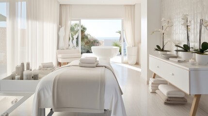 Beautiful spa elements on the massage table in the wellness center. Massage on light wooden background. blur living room, natural creams and moisturizing Healthy lifestyle