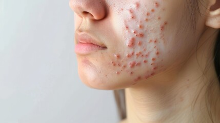 acne on woman face with rash skin, scar, and red skin syndrome allergic to cosmetics, use steroids, dermatology, inflammation, infection, hygiene - obrazy, fototapety, plakaty