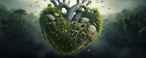 Close-up of a forests heart Earth integrated epitomizing the goal of net-zero greenhouse gases - obrazy, fototapety, plakaty