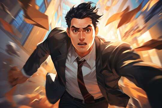 Action-oriented anime cartoon of a 30-year-old businessman