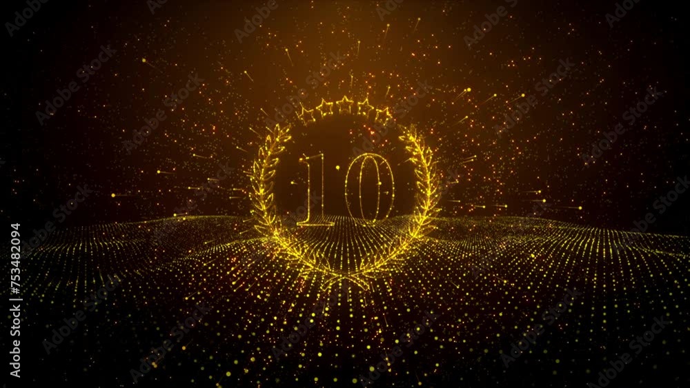 Poster abstract golden shiny number 10 laurel wreath label dotted lines wireframe particle space motion rev