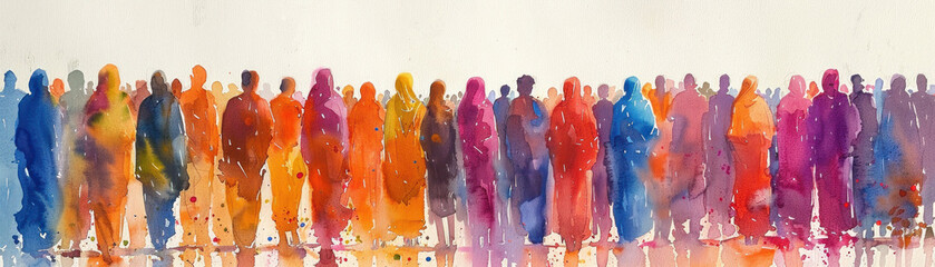 Long view watercolor of Holi participants