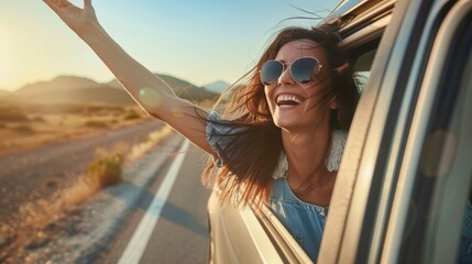 .Happy woman stretches her arms while sticking out car window. Lifestyle, travel, tourism, nature, car, person, travel, females, summer, happy