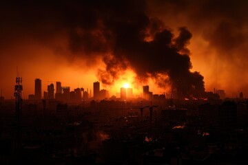 Fototapeta na wymiar Silhouette of a city skyline with rising smoke after air strikes