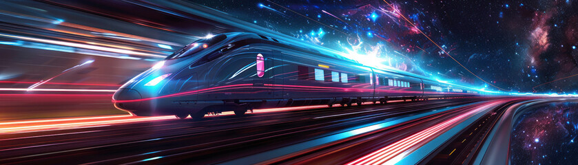 Panoramic scene of a high-speed train traversing the cosmic expanse