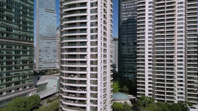 Drone elevated view of luxury apartment in Lujiazui district, Pudong, Shanghai.