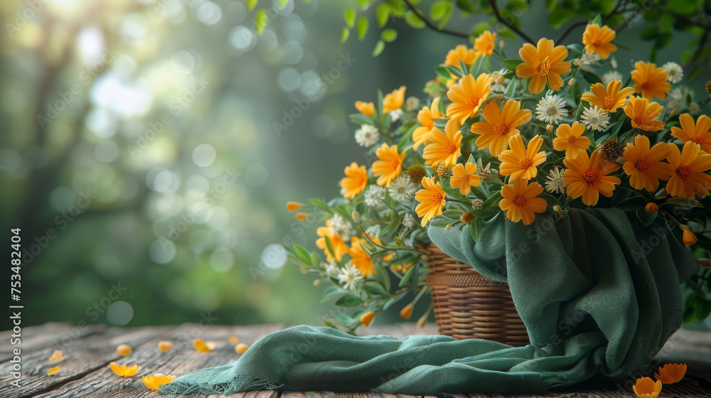 Aufkleber empty basket with tablecloth on wooden table over green bokeh background. spring and easter mock up 