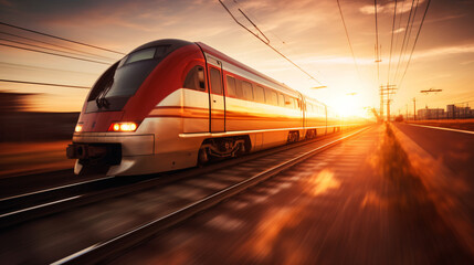 Blurred motion of sunrise passenger train - obrazy, fototapety, plakaty