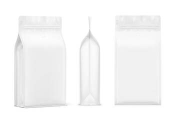 Realistic coffee bag mockup isolated on white background. Front, half side and side views. The set helps to present coffee. Can be use for your design, advertising, promo and etc. EPS10.
