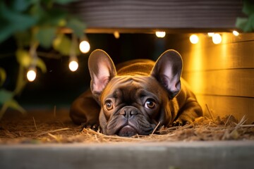 Portrait of a French Bulldog taking cover under a porch or in the shade of a tree, visibly distressed and fearful of fireworks at night - obrazy, fototapety, plakaty