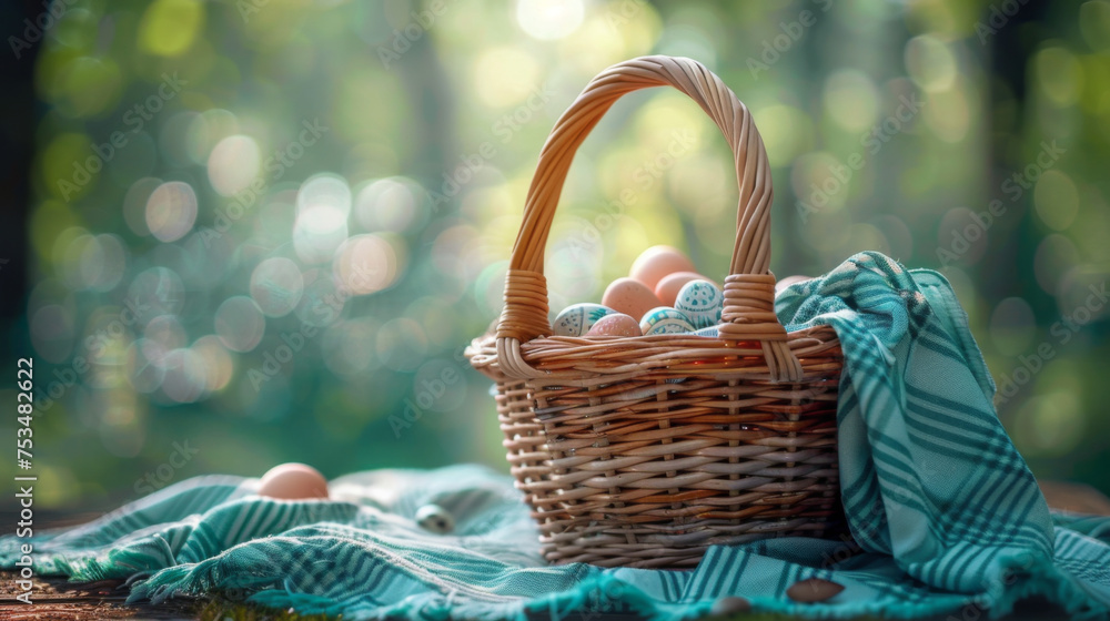 Aufkleber empty basket with tablecloth on wooden table over green bokeh background. spring and easter mock up 
