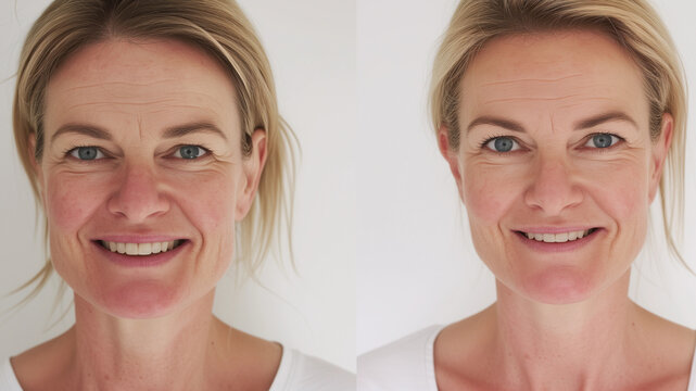 Before After anti aging face photo skin spa mature woman 40s perimenopause wrinkle fine line saggy jowls lady afterwards smooth glow clear firm micro needling thread lift collagen fillers injectables