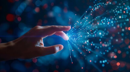 Hand touching a spinning data flow, data flow processing visualization background