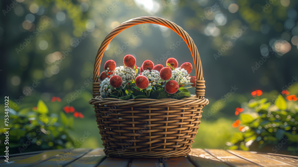Aufkleber empty basket with tablecloth on wooden table over green bokeh background. spring and easter mock up 