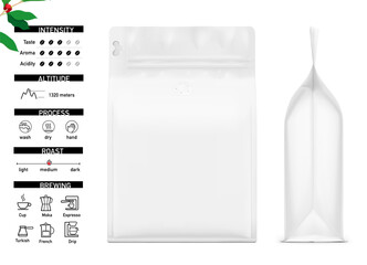 Realistic coffee bag mockup. Front and side views. The set helps to present coffee. Suitable brewing methods for your coffee blend. Can be use for your design, advertising, promo and etc. EPS10. © realstockvector