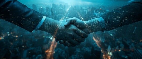 A digitally enhanced image depicting a firm handshake with a vibrant city in the backdrop, symbolizing business deals and urban growth - obrazy, fototapety, plakaty